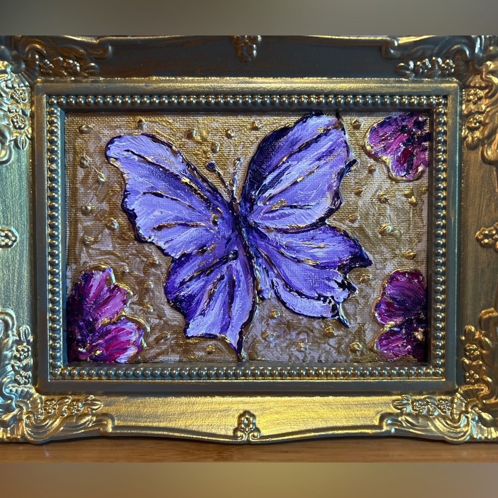 Handmade Gold Framed Purple Acrylic Butterfly Art